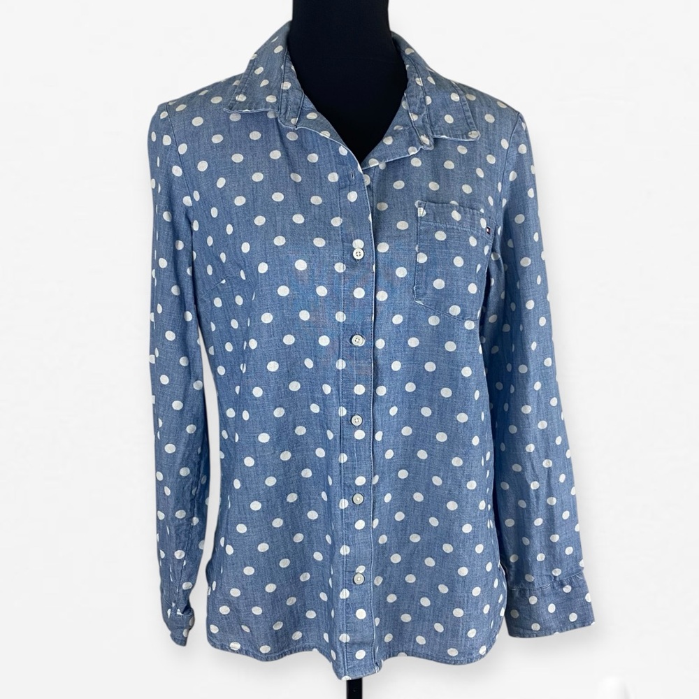 Tommy Hilfiger Chambray light denim button up Shirt with White Polka Dots M